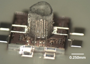 An example of a completed, fully printed dipole antenna microstructure. Courtesy of Optomec.