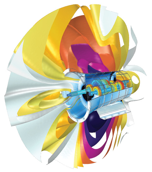 Fig. 14: Visualization of the noise pressure level outside the gearbox and vibration-induced von Mises stress in its housing. Image made using COMSOL Multiphysics software; courtesy of COMSOL.