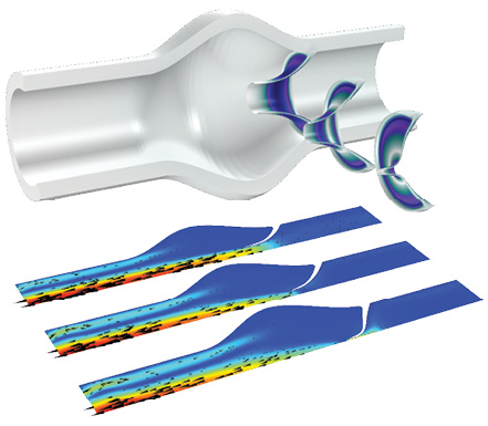 Fig. 15: Visualization of deformation, von Mises stress and velocity magnitude in an FSI analysis, including contact modeling, of a heart valve. Image made using COMSOL Multiphysics software and courtesy of COMSOL.